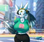 big_breasts bottomwear breasts car city clothed clothing electronics eyes_closed female hair headphones huge_breasts multi_eye navel not_furry pants pokemorph red_eyes screencap shirt smile solo teeth text topwear vehicle white_body white_hair white_skin wide_hips yellow_sclera latiar nintendo pokemon fan_character vexa generation_6_pokemon humanoid mega_evolution mega_gengar pokemon_(species) shiny_pokemon 2016 english_text hi_res watermark