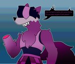 anthro dialogue male missing_hand simple_background smile solo text hexedcyana blaze_(hexedcyana) canid canine mammal english_text hi_res