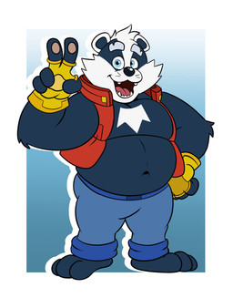 4_fingers anthro belly biped black_nose blue_eyes bottomwear clothing fingers male navel open_mouth overweight overweight_male pants simple_background solo standing white_body mokkabron bradley_the_badger bradley_(bradley_the_badger) badger mammal mustelid musteline 2025 hi_res