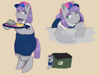 anthro baseball_cap blue_bottomwear blue_bow blue_clothing blue_skirt bottomwear burger clothing crossed_arms dumpster eyelashes female food fries frown fur green_eyes grey_body grey_fur hair half-closed_eyes hand_on_chin hat headgear headwear holding_object hooves ice_cream_cone leaning_on_object mane multiple_poses narrowed_eyes pink_clothing pink_hat pink_headwear pointy_ears pose prick_ears purple_hair purple_mane purple_tail semi-anthro serving_tray shirt skirt smoking snout solo standing straight_hair tail topwear white_clothing white_shirt white_topwear holemann braum's friendship_is_magic hasbro my_little_pony waste_management maud_pie_(mlp) earth_pony equid equine horse mammal pony multiple_images