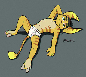 anthro barefoot briefs brown_body brown_fur bulge claws clothed clothing eyebrows feet fur green_eyes grey_claws male markings monotone_briefs monotone_clothing monotone_underwear navel red_nose smile solo striped_markings stripes tan_body tan_fur thick_eyebrows tighty_whities topless topless_anthro topless_male underwear white_briefs white_clothing white_underwear yellow_body yellow_fur fudatsu ratchet_and_clank sony_corporation sony_interactive_entertainment ratchet_(ratchet_and_clank) lombax mammal hi_res