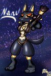 ankh anthro big_breasts black_body black_fur black_sclera breasts cleavage clothed clothing egyptian egyptian_clothing female frown fur orange_eyes paws pupils purple_background simple_background slit_pupils solo stretching_arms kuperseeper nintendo pokemon anubian generation_4_pokemon lucario pokemon_(species) 2021 absurd_res character_name hi_res signature