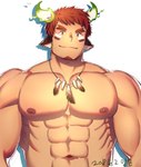 abs areola beard brown_eyes brown_hair eye_black eyebrows facial_hair hair horn jewelry male muscular muscular_humanoid muscular_male necklace nipples nude pecs shadow simple_background smile solo sheepgnyook lifewonders tokyo_afterschool_summoners wakan_tanka_(tas) animal_humanoid bovid bovid_humanoid humanoid mammal mammal_humanoid 2018 absurd_res dated half-length_portrait hi_res portrait