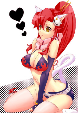 :3 absolute_territory abstract_background accessory alternate_species armwear belt bikini bikini_top bottomwear breast_squish breasts cat_clip cat_tail cleavage clothed clothing elbow_gloves female fingerless_gloves flame_bikini flame_pattern gloves hair hair_accessory hairclip handwear heart_symbol legwear midriff ponytail red_hair scarf shorts simple_background sitting skimpy skull_accessory skull_clip solo squish stockings studded_belt studs swimwear tail thigh_highs tight_clothing two-piece_swimsuit yellow_eyes sako tengen_toppa_gurren_lagann yoko_littner animal_humanoid cat_humanoid felid felid_humanoid feline feline_humanoid humanoid mammal mammal_humanoid