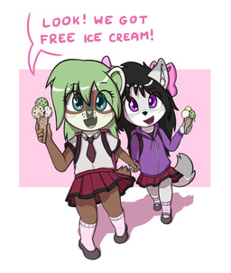 accessory anthro backpack black_hair blush boots bottomwear bow_(feature) bow_accessory bow_ribbon brown_body brown_fur clothed clothing cute_fangs dessert dialogue duo fangs female food footwear freckles fur green_eyes green_hair grey_body grey_fur hair hair_accessory hair_bow hair_ribbon hand_holding holding_object hoodie ice_cream inner_ear_fluff legwear long_hair looking_at_viewer necktie open_mouth ribbons school_uniform shirt shoes simple_background skirt smile socks standing teeth text topwear tuft uniform white_body white_fur young young_anthro aggie_(artist) aggie dook_(lildooks) arctic_fox canid canine domestic_ferret fox mammal mustelid musteline true_fox true_musteline weasel 2019 digital_media_(artwork) english_text hi_res
