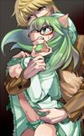 anthro blush breasts clothed clothing duo exposed_breasts eyewear female forced glasses green_hair hair imminent_rape male male/female panties partially_clothed simple_background underwear undressing akiho_(akinomegumi) hunter_x_hunter cheadle_yorkshire pariston_hill canid canine canis domestic_dog human mammal 2014