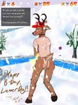 antlers backsack balls blush body_blush bottomless butt butt_blush clothed clothing covering covering_crotch evergreen_tree genitals hat headgear headwear horn male mario_hat pine_tree plant snow snowing solo text text_box tree water frist44 mario_bros nintendo panko_(lawyerdog) deer mammal starman english_text hi_res