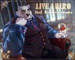 2023 anthro bear black_nose borealis_(live_a_hero) bottomwear chair clothing detailed_background furniture hi_res humanoid_hands kemono lifewonders live_a_hero male mammal musclegut muscular necktie oaks16 overweight overweight_male pants polar_bear shirt sitting solo suit topwear ursine