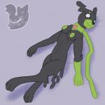 1:1 3_toes 4_fingers anthro anthrofied areola barefoot biped black_body black_eyes black_fur black_nose breasts canid canine erect_nipples feet female fingers fur generation_7_pokemon genitals green_body green_skin hi_res hindpaw legendary_pokemon looking_at_viewer lying mammal navel nintendo nipples nude on_back paws pokemon pokemon_(species) posexe pussy scarf semi-anthro simple_background smile solo toes watermark zygarde zygarde_10_forme