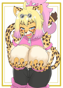 ahoge alternative_fashion anthro arm_tuft belly_tuft black_bottomwear black_clothing blonde_hair blue_eyes blush bottomwear breast_tuft breasts clothed clothing covering covering_breasts dipstick_tail elbow_tuft eyewear female front_view fur fur_tuft gyaru hair hand_on_breast holding_breast inner_ear_fluff iris j-fashion looking_at_viewer markings multicolored_hair multicolored_tail open_mouth pink_clothing pupils shoulder_tuft solo spots spotted_body spotted_ears spotted_fur spotted_markings spotted_tail tail tail_markings tuft two_tone_hair white_pupils zipper nishiki_(artist) cheetah felid feline mammal 2021 hi_res