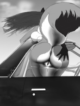 5_fingers ambiguous_gender anthro bent_over biped bottomless bra breast_squish breasts butt car clothed clothing countershading dipstick_tail driving duo exhibitionism faceless_ambiguous faceless_character faceless_female female fingers fluffy fluffy_tail fur genitals hair hand_on_butt inside_car inside_vehicle long_hair low-angle_view markings medium_breasts mooning multicolored_body multicolored_fur multicolored_tail outside panties panties_down partially_clothed presenting presenting_hindquarters public public_nudity simple_background solo_focus squish steering_wheel tail tail_markings underwear underwear_down vehicle vulva mr_happy chevrolet chevrolet_el_camino leona_(mrhappy1987) canid canine fox mammal 2015 greyscale hi_res monochrome shaded signature sketch