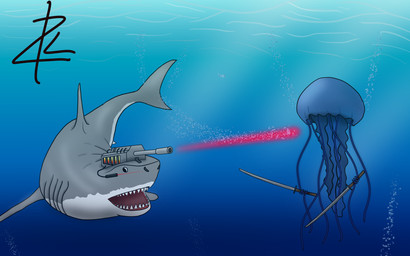 air_bubble ambiguous_gender blue_body dual_wielding duo feral fight gills holding_object holding_weapon katana laser laser_gun melee_weapon ranged_weapon scenery sword tentacles underwater water weapon zk-fur cnidarian fish great_white_shark jellyfish mackerel_shark marine medusozoan shark white_shark 16:10 hi_res widescreen