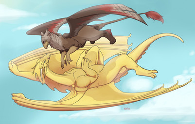 ambiguous_gender beak duo feral horn open_mouth smile tail tongue tongue_out wings wyrril redpixie mythology tsargoth avian dragon gryphon mythological_avian mythological_creature mythological_scalie scalie