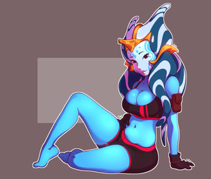 breasts cleavage clothed clothing female gloves handwear looking_at_viewer navel not_furry simple_background sitting solo sportswear rube star_wars snooker_(rube) alien humanoid togruta 2019