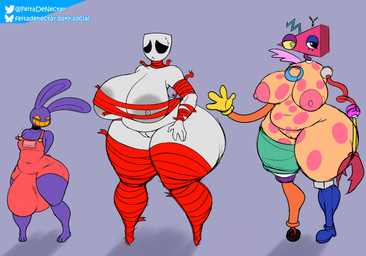 anthro aroused balls big_balls big_breasts big_butt big_ears big_penis black_eyes bodily_fluids breasts bulge butt clothing entangled female genitals group huge_balls huge_breasts huge_butt huge_penis huge_thighs hyper larger_female male mask nipples non-mammal_nipples overalls penis pink_clothing red_ribbon ribbons shortstack size_difference smaller_male sweat thick_thighs trio wheel yellow_eyes feitadenectar glitch_productions the_amazing_digital_circus gangle_(tadc) jax_(tadc) zooble_(tadc) animate_inanimate humanoid lagomorph leporid living_mask living_toy mammal rabbit absurd_res hi_res nonbinary_(lore)