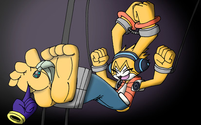 4_toes barefoot bound chain chained disembodied_hand duo ear_hands feet foot_focus laugh male multi_arm multi_limb restraints soles solo_focus stocks stuck tickling toes yellow_body ryoosakuling bandai_namco digimon appmon_(species) digimon_(species) lagomorph mammal musimon hi_res