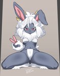 4_fingers anthro breasts clothed clothed_anthro clothed_female clothing eyewear female fingers front_view fur glasses grey_body grey_fur hair horn kneeling long_ears looking_at_viewer navel red_eyes simple_background solo spread_legs spreading tail white_hair wraps zinfyu mammal 2025 absurd_res digital_media_(artwork) hi_res