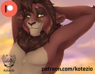 anthro brown_body brown_fur fur green_eyes hair looking_at_viewer male outside patreon_logo scar simple_background sky smile solo text whiskers kotezio disney patreon the_lion_king kovu_(the_lion_king) felid lion mammal pantherine better_version_at_paywall digital_media_(artwork) half-length_portrait hi_res portrait preview url
