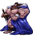 5_fingers 5_toes anthro big_muscles big_pecs big_sword body_hair bracelet brown_body brown_fur brown_hair cape cape_only chest_hair clothing eyewear feet fingers fur glasses grin hair hand_on_sword huge_muscles huge_pecs hyper hyper_muscles hyper_pecs jewelry looking_at_viewer male metal_bracelet mostly_nude muscular nipples pecs pink_nipples plantigrade simple_background smile solo standing three-quarter_view toes white_background fierglief final_fantasy final_fantasy_xiv square_enix laz_(swaggyaces) felid hrothgar mammal 2021 absurd_res hi_res