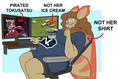 anthro brown_hair chair clothing computer_keyboard computer_monitor dessert directional_arrow eating_ice_cream eyewear female food furniture gaming glasses grey_clothing grey_shirt grey_t-shirt grey_topwear hair ice_cream long_hair markings navel navel_outline office_chair on_chair orange_body orange_markings outie_navel oversized_clothing oversized_shirt oversized_topwear pregnant pregnant_anthro pregnant_female rectangular_glasses red_eyes shirt sitting sitting_on_chair solo t-shirt tan_body text topwear wearing_glasses zenzzohyr ben_&_jerry's kamen_rider kaylie_(zenzzohyr) kuuga_(kamen_rider) arthropod insect lepidopteran moth 2026 digital_drawing_(artwork) digital_media_(artwork) english_description english_text hi_res