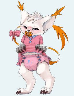 accessory angry anthro blush bow_(feature) bow_accessory bow_ribbon clothing diaper dress embarrassed femboy furgonomics humiliation male neonate pacifier pink_clothing pink_dress presenting ribbons solo tail tail_accessory tail_bow tail_ribbon young young_anthro young_male kuuneho bandai_namco digimon digimon_(species) felid feline felis gatomon mammal absurd_res hi_res