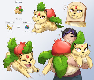 bodily_fluids bread duo fangs feral food fur heart_symbol in_bread open_mouth standing sweat teeth text tongue thecatnamedfish cat_breading nintendo pokemon generation_1_pokemon human hybrid ivysaur mammal persian_(pokemon) pokemon_(species) 2019 absurd_res digital_media_(artwork) english_text hi_res meme