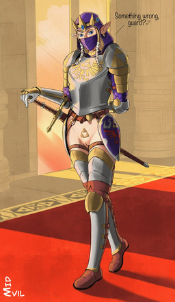 armor blonde_hair blonde_pubes blue_eyes boots bottomless brown_boots brown_clothing brown_footwear clothed clothing crown dialogue ear_piercing ear_ring eyelashes female footwear front_view genitals gloves hair handwear headgear humanoid_pointy_ears knight_armor looking_at_viewer mask melee_weapon mouth_mask not_furry piercing pointy_ears pubes purple_clothing purple_hood ring_piercing shoes solo sword talking_to_viewer tan_body tan_skin text thick_thighs vulva weapon white_clothing white_gloves white_handwear wide_hips midevil nintendo the_legend_of_zelda princess_zelda humanoid hylian english_text hi_res