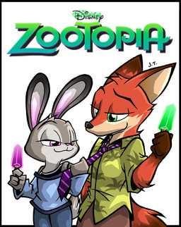 anthro bottomwear clothing collared_shirt dress_shirt duo female food fur green_eyes grey_body grey_fur long_sleeve_shirt long_sleeves male multicolored_body multicolored_fur necktie orange_body orange_fur pants popsicle purple_eyes shirt text topwear two_tone_body jonathantaniuchi disney zootopia judy_hopps nick_wilde canid canine fox lagomorph leporid mammal rabbit 2015 digital_media_(artwork) english_text