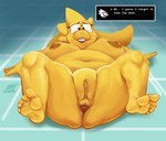 alphys anthro anus bodily_fluids breasts epitaphkho_(artist) eyewear female genital_fluids genitals glasses hi_res looking_at_viewer lying nipples nude offscreen_character on_back overweight pussy reptile scalie solo speech_bubble spread_legs spreading text undertale undertale_(series) vaginal_fluids walk-in