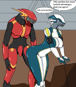 3_fingers anthro armor aroused bent_over blue_clothing blue_eyes bodily_fluids body_armor bodysuit breasts bulging_breasts butt camel_toe clothed clothing codpiece detailed_background dialogue duo erection erection_under_clothing eyelashes female fingers gauntlets gloves greaves handwear headgear helmet knee_pads looking_at_butt looking_forward male oblivious open_mouth orange_clothing pauldron porn_dialogue pouches presenting presenting_hindquarters purple_eyes red_clothing rock skinsuit speech_bubble stripes sweat sweatdrop text tight_clothing white_clothing yellow_stripes mortal_rot halo_(series) microsoft xbox_game_studios beyra_kusovai alien sangheili scalie 2013 english_text