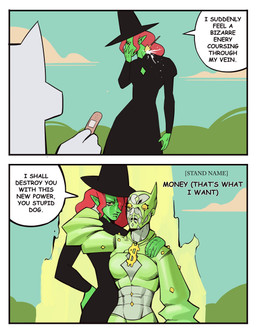 arrow_(weapon) band-aid bandage black_clothing black_dress black_hat black_headwear clothing dialogue dress female group hat headgear headwear humanoid_pointy_ears pointy_ears ranged_weapon stand_arrow standing text trio weapon bonnymama7 jojo's_bizarre_adventure elphaba_(bonnymama7) liria_the_werewolf_saint canid canine canis humanoid mammal stand_(jjba) wolf absurd_res comic english_text hi_res