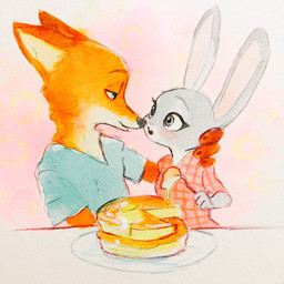 anthro clothing cutlery duo eye_contact female food fork hand_behind_head holding_object kitchen_utensils looking_at_another male plate predator/prey shirt simple_background size_difference tools topwear monmokamoko disney zootopia judy_hopps nick_wilde canid canine fox lagomorph leporid mammal rabbit red_fox true_fox 1:1 2016 hi_res