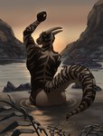 anthro butt facial_scar horn looking_at_viewer male multicolored_body muscular nature nude scar sea solo striped_body stripes tail two_tone_body water wet wet_body kazarart microsoft the_elder_scrolls scales-like-ash argonian lizard mammal reptile scalie digital_media_(artwork) hi_res