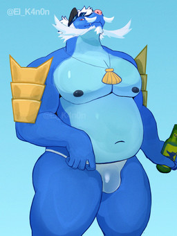 anthro beard blue_body clothing dark_nipples facial_hair huge_thighs male musclegut muscular solo thick_thighs wet wet_clothing kanonboar nintendo pokemon generation_5_pokemon mammal mustelid otter pokemon_(species) samurott 3:4 hi_res