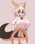 ahoge big_breasts black_eyes bottomwear bouncing_breasts breasts clothing dull_eyes female hair hand_on_hip horn huge_breasts humanoid_pointy_ears markings mole_(marking) motion_lines open_mouth pointy_ears shirt short_hair short_stack simple_background skirt solo standing topwear white_hair low_res_art mythology shiloh_(low_res_art) animal_humanoid dragon dragon_humanoid horned_humanoid humanoid mythological_creature mythological_scalie scalie