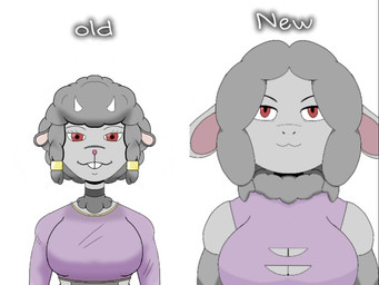 accessory anthro before_and_after cleavage_cutout clothing cutout duo female fur grey_body grey_fur horn red_eyes simple_background solo torn_clothing wool_(fur) wool_hair anuvisur_(artist) bovid caprine mammal sheep 4:3