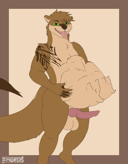 abdominal_bulge after_vore ambiguous_gender ambiguous_prey anthro balls belly big_belly big_butt butt fur furry_tail genitals green_eyes knot knotted_penis looking_at_viewer male markings membrane_(anatomy) nude_anthro nude_male open_mouth penis pupils scar simple_background solo standing tail tan_background tan_body tan_fur teeth thick_thighs tongue vore webbed_hands theros_(artist) makoa_(theros_felxak) mammal mustelid otter absurd_res digital_drawing_(artwork) digital_media_(artwork) hi_res watermark