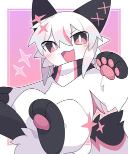anthro blush blush_lines female fur hair kemono long_hair looking_at_viewer mostly_nude pawpads pink_eyes pink_pawpads scarf scarf_only solo white_body white_fur white_hair monu_0w0 domestic_cat felid feline felis mammal hi_res