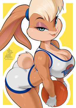 anthro ball basketball_(ball) basketball_uniform biped blonde_hair bottomwear breasts buckteeth butt cleavage clothed clothed_anthro clothed_female clothing countershade_torso countershading eyebrows eyelashes female female_anthro fingers fully_clothed fully_clothed_anthro fully_clothed_female fur gloves hair handwear holding_ball holding_object looking_at_viewer scut_tail short_tail smile solo sportswear tail teeth tongue toony topwear tune_squad_outfit tune_squad_outfit_(1996) uniform white_clothing white_gloves white_handwear pakwan008 looney_tunes space_jam warner_brothers lola_bunny lagomorph leporid mammal rabbit 2026 digital_drawing_(artwork) digital_media_(artwork)
