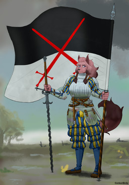 anthro armor dagger female flag greatsword holy_roman_empire landsknecht mace melee_weapon renaissance renaissance_clothing solo sword weapon zweihander conkerbirdy canid canine canis humanoid mammal wolf absurd_res hi_res