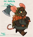 anthro axe biped black_body blue_eyes clothed clothing ear_piercing ear_ring piercing ring_piercing scar solo walking apricotsammi root_(game) fan_character vagabond_(root) mammal mouse murid murine rodent 2023 hi_res model_sheet