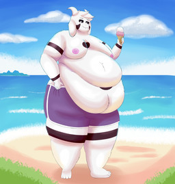 anthro beach belly big_belly bottomwear clothed clothing day dessert detailed_background food fur horn ice_cream male moobs morbidly_obese nipples obese obese_male outside overweight overweight_male shorts solo topless topless_male white_body white_fur lustofgoat undertale undertale_(series) asriel_dreemurr_(god_form) bovid caprine goat mammal hi_res