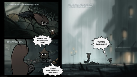 3_panel_comic ambiguous_gender antennae_(anatomy) black_eyes black_text clothing dialogue duo ellipsis empty_eyes exclamation_point holding_object narration outside question_mark speech_bubble talking_to_another text white_eyes white_text lucaniamc hollow_knight:_silksong hollow_knight_(franchise) team_cherry arthropod thread_raker 16:9 comic english_text hi_res widescreen