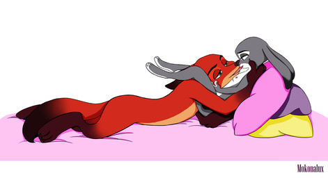 anthro breasts dipstick_ears dipstick_tail duo ear_markings female french_kissing gloves_(marking) hug kissing leg_markings lying male male/female markings multicolored_ears nipples nude on_back pillow romantic simple_background size_difference socks_(marking) tail tail_markings mokonalux disney zootopia judy_hopps nick_wilde canid canine european_rabbit fox lagomorph leporid mammal oryctolagus rabbit true_fox hi_res