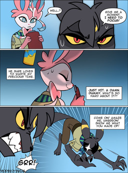 anthro bodily_fluids clothed clothing dialogue harmony_scarf male speech_bubble sweat tail text odeko-yma nintendo pokemon lucky_(odeko-yma) pix_(odeko-yma) eeveelution generation_2_pokemon generation_6_pokemon pokemon_(species) sylveon umbreon absurd_res comic english_text hi_res