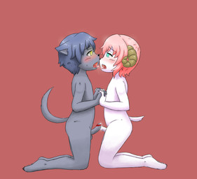 after_cum_kiss anthro anthro_on_anthro balls biped black_nose blue_hair blush bodily_fluids censor_bar claws cum cum_drip cum_in_mouth cum_inside cum_kiss cum_on_penis cum_on_tongue dripping duo ears_back erection eye_contact femboy frottage fur genital_fluids genitals green_eyes grey_body grey_fur hair hand_holding horn humanoid_genitalia humanoid_penis ineffective_censorship kissing kneeling looking_at_another looking_at_partner male male/male nude open_mouth penile penis penises_touching pink_hair pivoted_ears predator/prey red_background saliva saliva_string sex shota simple_background snowballing toe_claws tongue tongue_out white_body white_fur yellow_eyes young young_anthro elsr.lobo bovid canid canine canis caprine domestic_sheep mammal sheep wolf 2015 censored hi_res