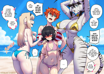 adult_only ahoge annoyed anthro argument athletic athletic_female beach big_breasts bikini black_hair blonde_hair blue_bikini blue_clothing blue_eyes blue_swimwear breast_focus breasts busty_female butt butt_fang butt_focus butt_from_the_front child_bearing_hips clothing digitigrade embarrassed female female_focus female_human female_humanoid front_view fur gold_bikini green_eyes group hair hair_over_eyes hoop huge_breasts interspecies larger_female light_body light_skin light_skinned_female looking_at_another medium_breasts multicolored_body multicolored_hair navel navel_focus neka_eld pale pale-skinned_female petite_female pink_bikini pink_clothing pink_swimwear raised_arms rear_view red_and_white_bikini red_and_white_stripes red_hair sand sea short_female short_hair short_woman side_view size_difference slim small_breasts speech_bubble stipes summer swimwear tall_female text tomboy toned_body toned_female two-piece_swimsuit water white_body white_fur white_hair white_skin white_skinned_female wide_hips yellow_bikini yellow_clothing yellow_swimwear kawa-v born_of_itheriont alyn_wiskarin leiko_stauss miia_disain animal_humanoid felid human humanoid mammal mammal_humanoid pantherine tiger colored digital_drawing_(artwork) digital_media_(artwork) english_text hi_res shaded tagme url