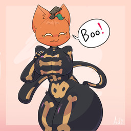 anthro big_breasts black_body bone breasts cat_tail clothing curvy_figure female for_a_head jack-o'-lantern pumpkin_head simple_background skeleton solo thick_thighs wide_hips adi_:3 epic_games fortnite spice_(fortnite) domestic_cat felid feline felis humanoid mammal object_head 1:1 absurd_res digital_media_(artwork) hi_res