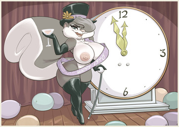 anthro areola armwear balloon big_breasts border breasts buckteeth clock clothing female hair hair_over_eye hat headgear headwear holding_glass holding_object holidays inflatable legwear looking_at_viewer nipples one_eye_obstructed open_mouth solo teeth top_hat yellow_border joelasko animaniacs new_year warner_brothers slappy_squirrel mammal rodent sciurid tree_squirrel 2017
