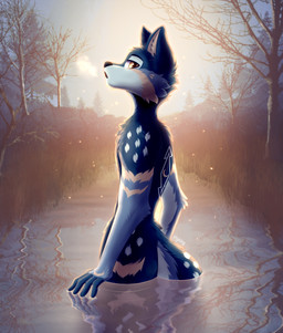 5_fingers anthro black_nose blue_body blue_ears breath chest_tuft detailed_background distortion fingers fluffy fluffy_tail fur fur_markings grass inner_ear_fluff looking_at_viewer male markings open_mouth partially_submerged plant reflection river solo submerged_tail tail tree tuft white_inner_ear_fluff white_markings yellow_body yellow_eyes yellow_markings itsnightzy canid canine canis mammal wolf 2022 absurd_res hi_res